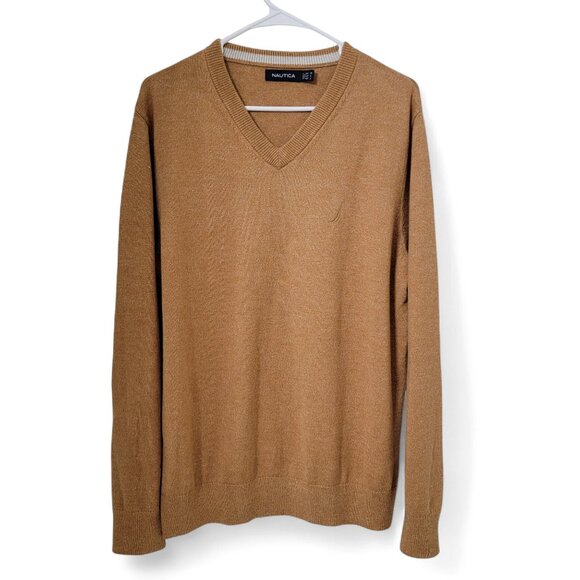 Nautica Size M Latte Tan V-Neck Sweater, 100% Cotton, Excellent Used Condition - Picture 1 of 10